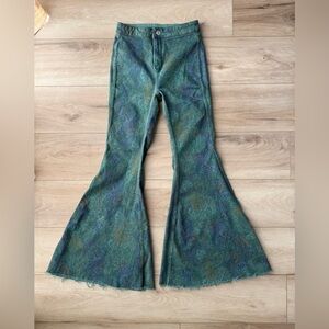 Free People “Throw It Back” Reversible Flare Jeans | Size 26 | Paisley + Teal
